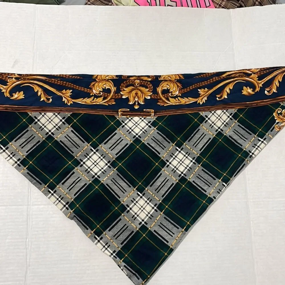 Equestrian inspired scarf (triangle 55” l x 24”to point) navy, greens gold Plaid